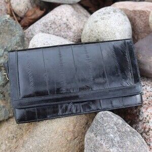 Vintage Genuine Black Eel Skin Leather Clutch Purse Retro Envelope Bag 70s 80s